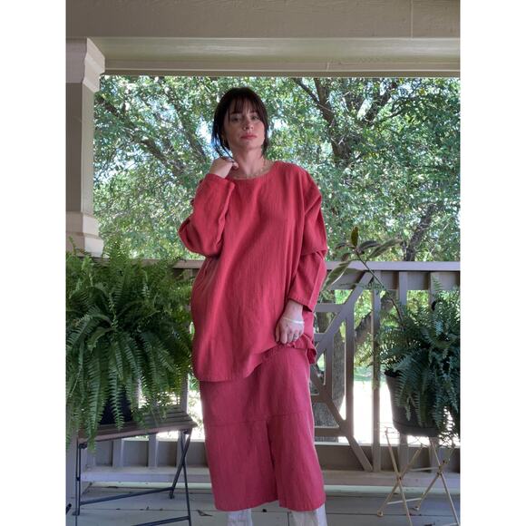 CMC Color Me Cotton Red Textured Loose Midi Skirt Top Tunic Set M - Picture 1 of 8